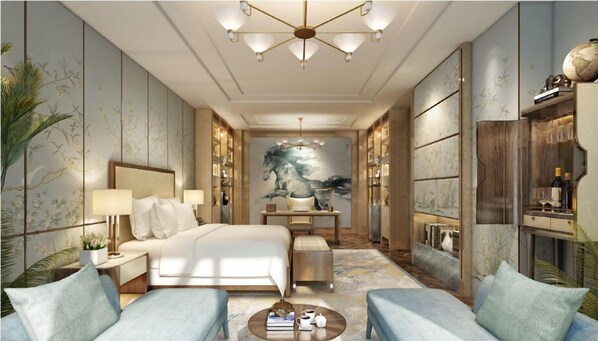 Lake View Suite | Free minibar items, in-room safe, desk, iron/ironing board