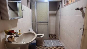 Chuveiro, secador de cabelo, toalhas de banho, papel higiênico