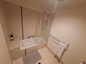 Douche, séchoir à cheveux, serviettes fournies, savon