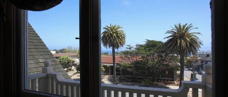 A view from a balcony with a railing, overlooking a street with palm trees and houses.