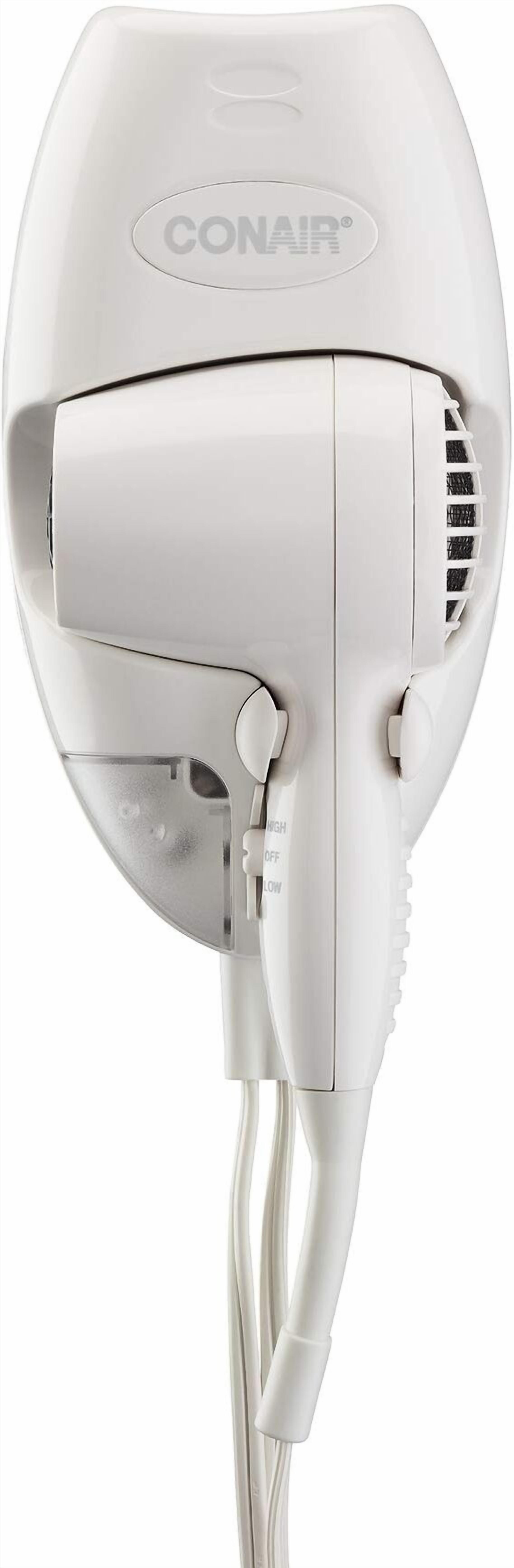 A white hair dryer with a power cord, labeled "CONAIR."