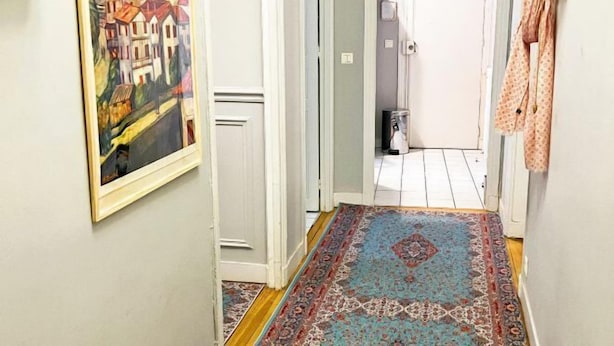 A hallway with a patterned rug, a framed painting, and a door leading to another room. - Champs Elysees Charming (2 Bedrooms and 1 Living Room) (Paris)