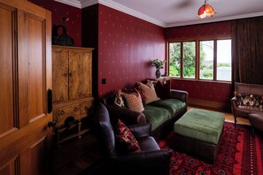 TV, fireplace, books, stereo