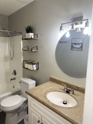 Hair dryer, towels, soap, toilet paper