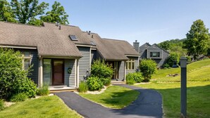 A residential area with houses, a driveway, and a well-maintained lawn.
