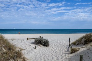 A sandy beach with a wooden fence and sparse vegetation.