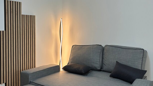 Un salon moderne avec un canapé gris, deux coussins noirs et un grand lampadaire.