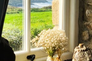 A window with a view of a green field, a vase with white flowers, and a lantern on the windowsill. - Swn y Môr - 1 Bedroom Cottage - Whitesands (Saint David's and the Cathedral Close)