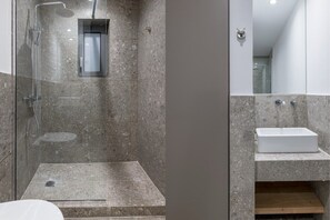Shower, hair dryer, towels, shampoo