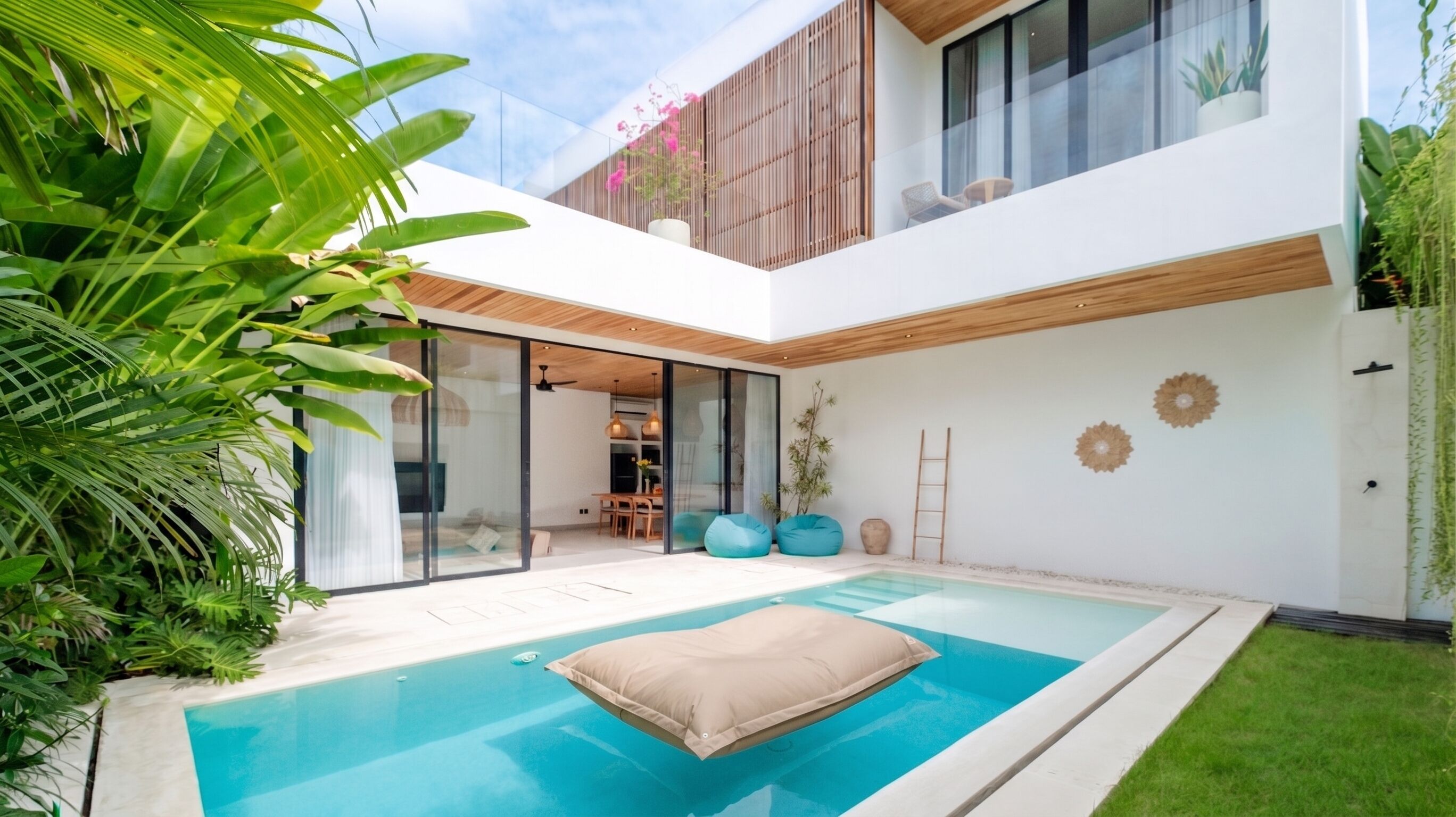 Una casa moderna con piscina, puertas de cristal y un balcón con plantas.