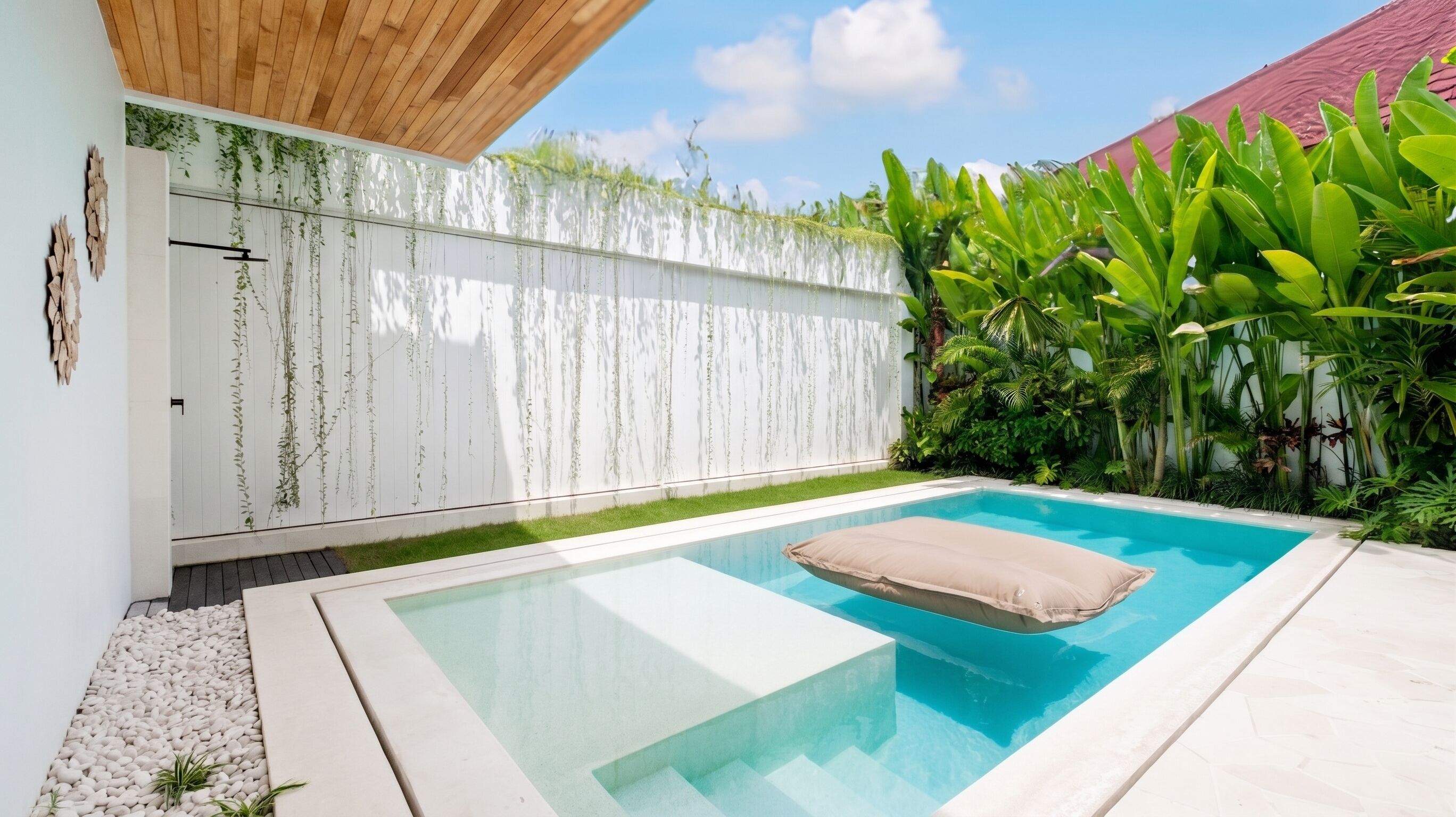 A swimming pool with a beige cushion, surrounded by a white wall with hanging plants, and a red-roofed structure in the background.