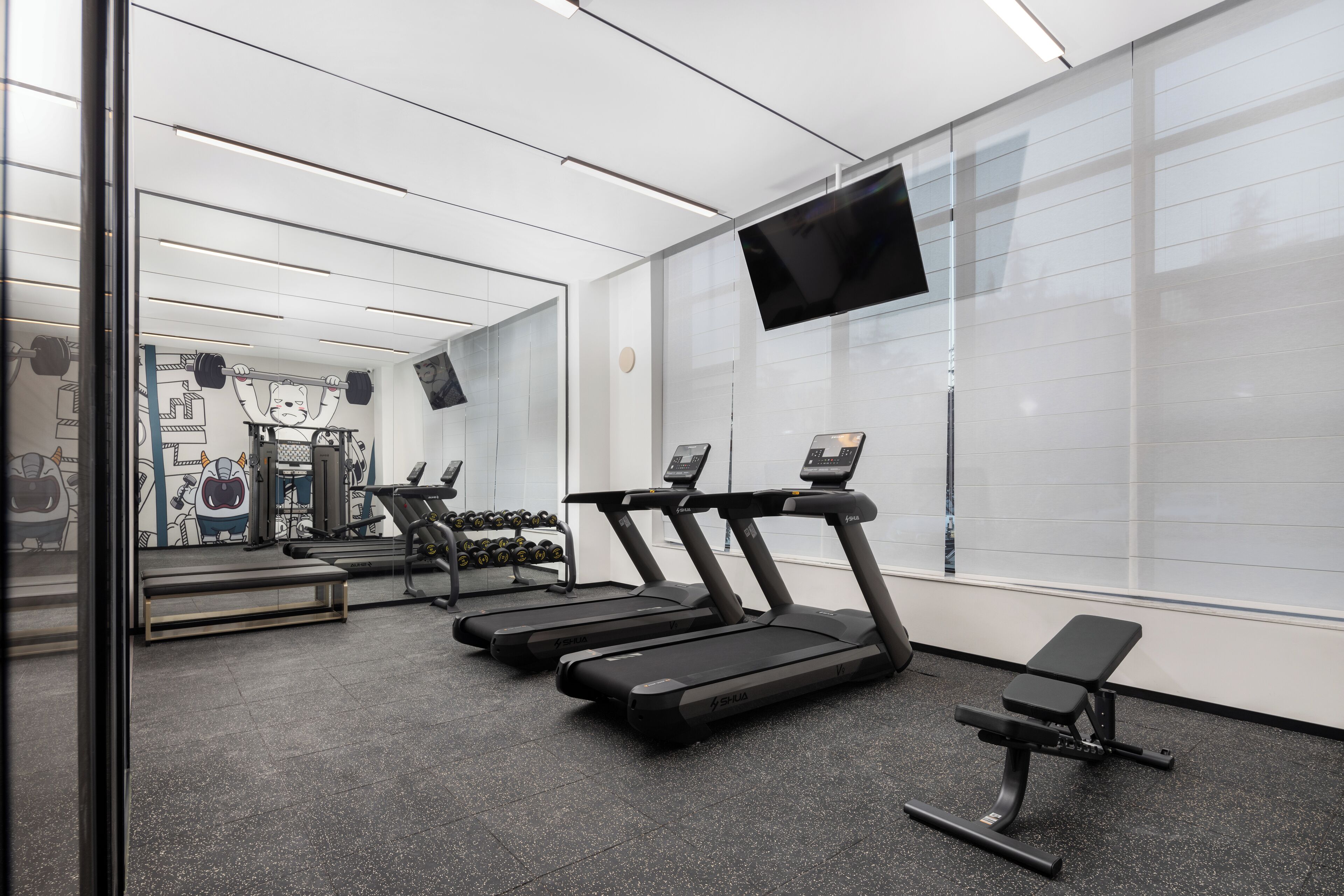 Et moderne fitnesscenter med løbebånd, bænk og spejl.
