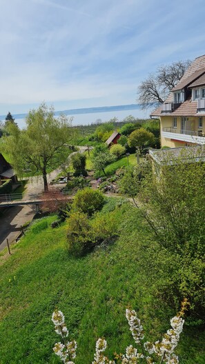 A residential area with a house, a small building, and a view of a body of water. - Apartment 2 with Terrace (Stetten)