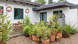 A white house with green windows and a door, surrounded by various potted plants and a gravel driveway.