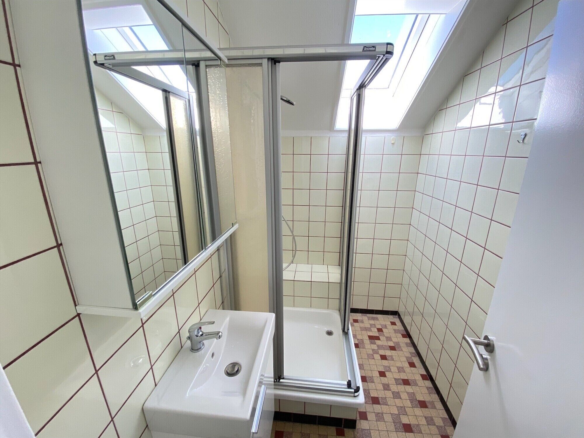 Une salle de bain avec une douche, un lavabo et un miroir.