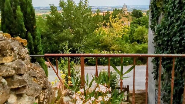 Un balcón con pared de piedra, planta en maceta y vista a un paisaje distante con árboles y un edificio.