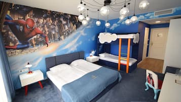 A bedroom with a bed, a nightstand, a dresser, a bunk bed, and a chair.
