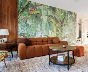 Smart TV, chimenea, libros