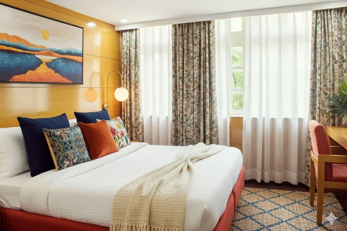 A hotel room with a large bed, a desk, and a painting on the wall.