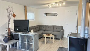 Un salon moderne avec un canapé gris, un téléviseur, une petite table et une cheminée.