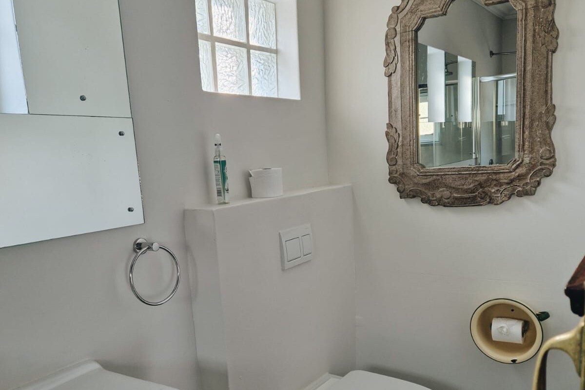 Een badkamer met toilet, wastafel en spiegel.