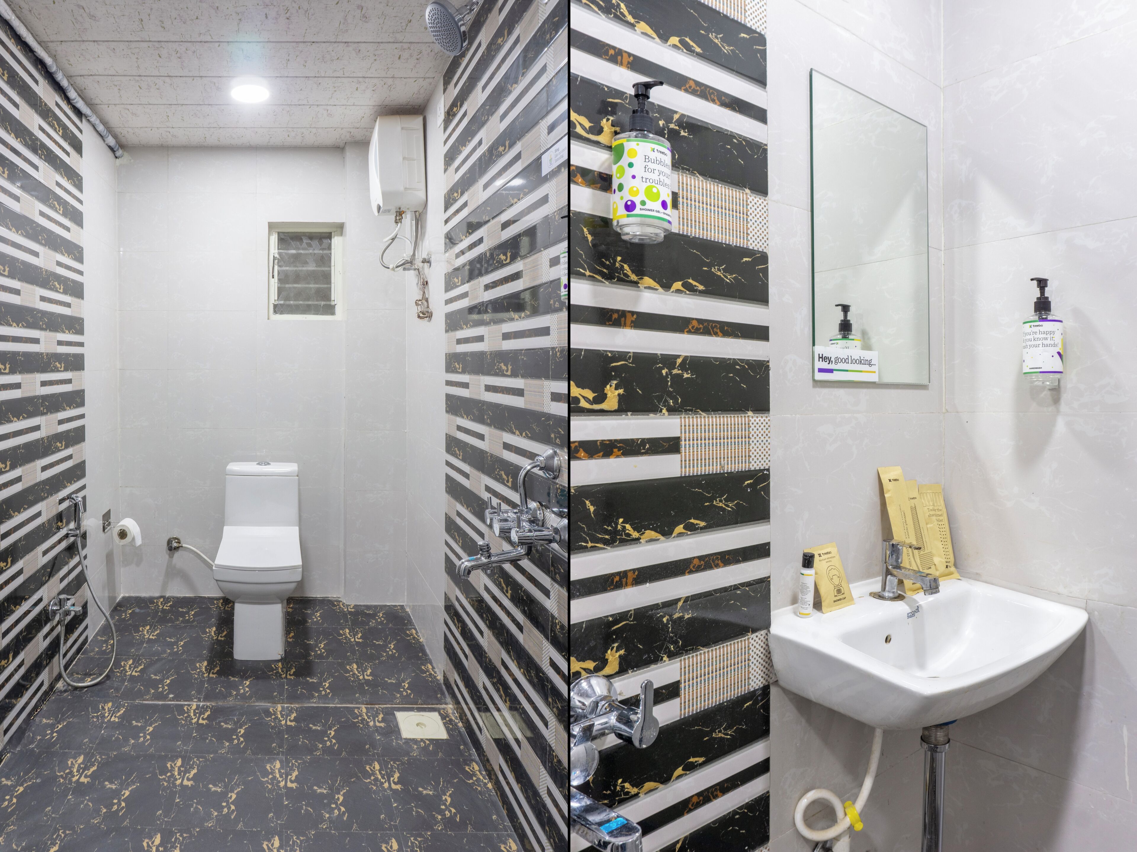 A bathroom with a toilet, shower, and sink.