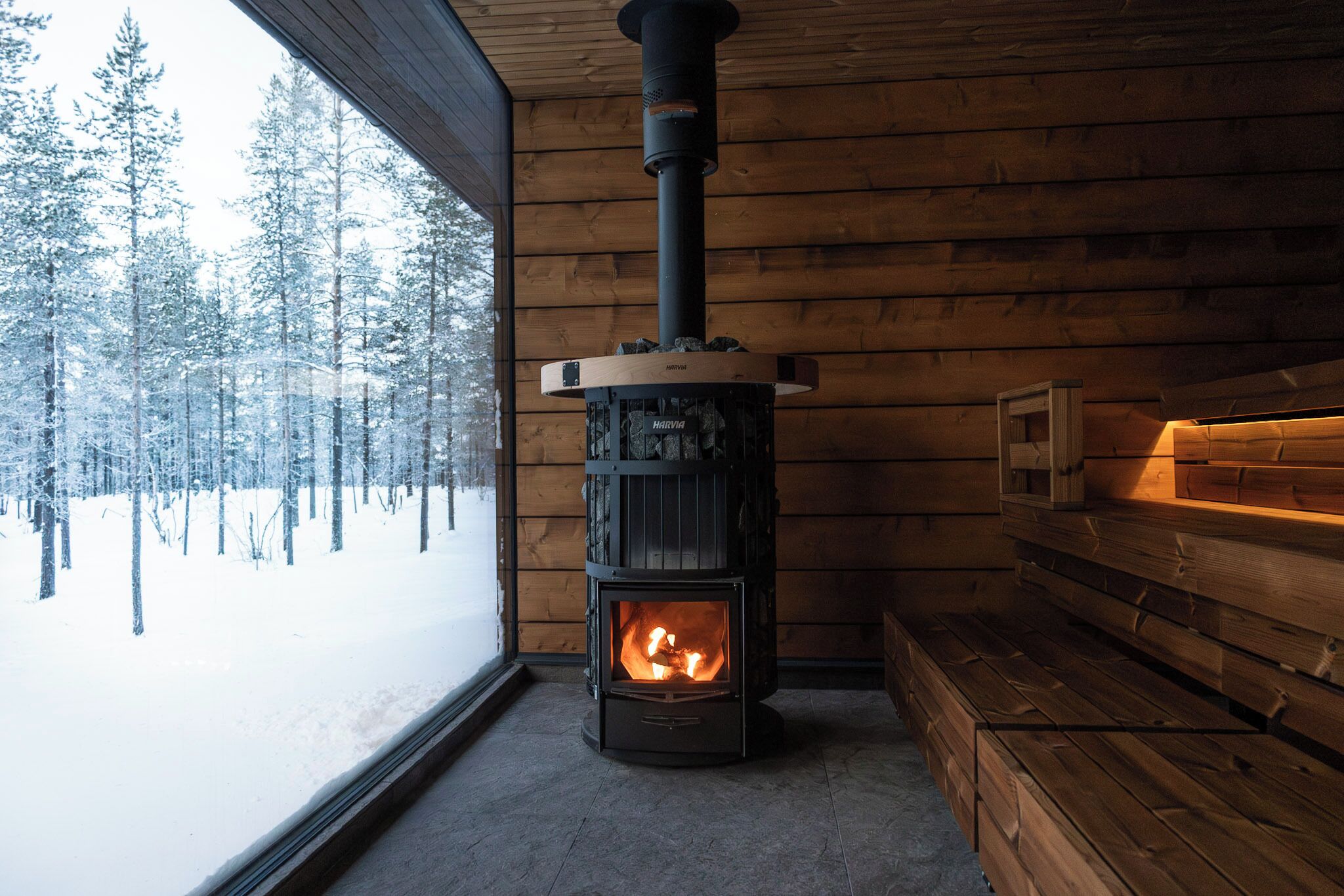 Ein Kaminofen in einer Hütte mit Blick auf einen verschneiten Wald.