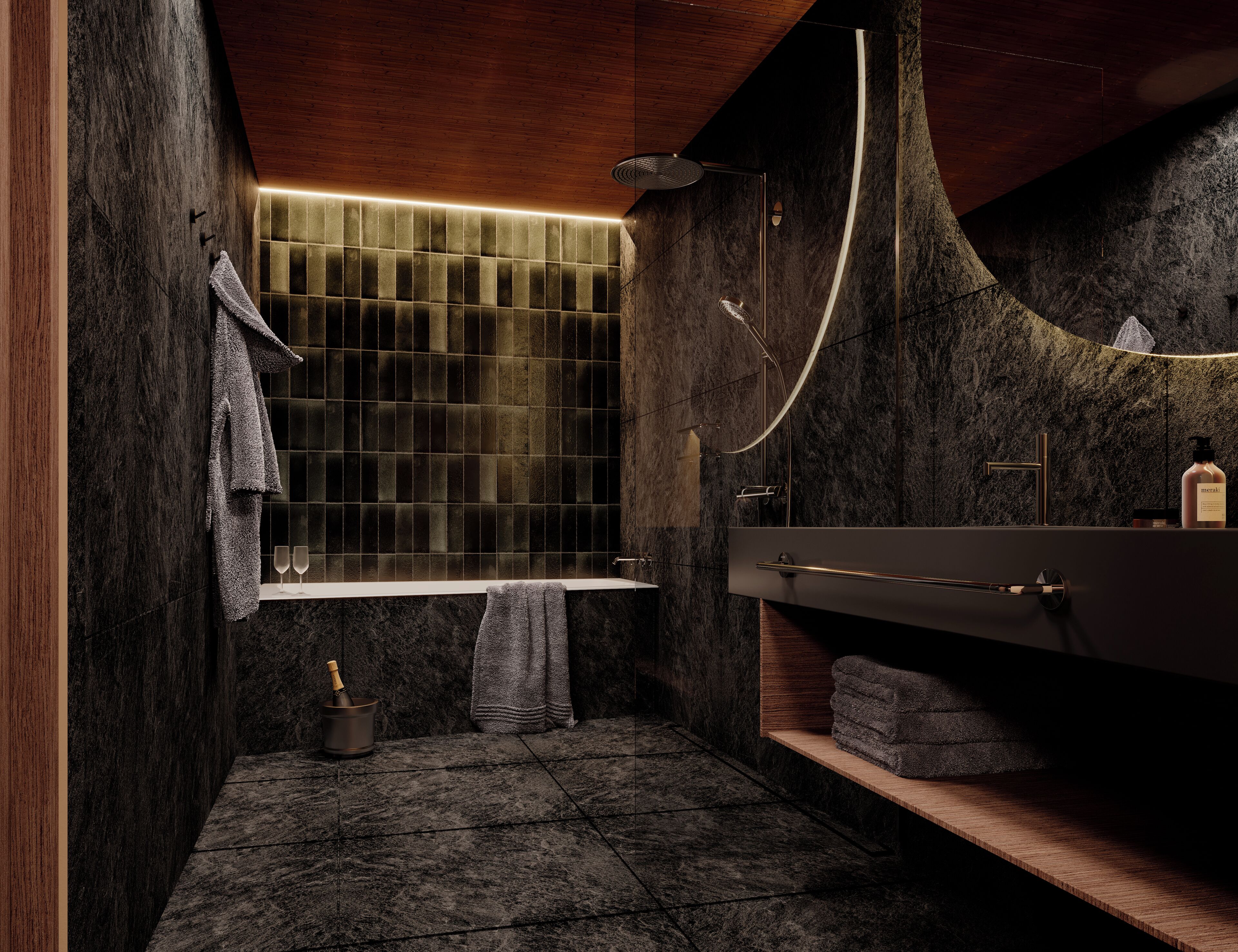 A modern bathroom with a large mirror, a bathtub, and a shower.
