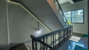 Un escalier avec une rampe noire, un tapis vert au bas et une fenêtre donnant sur des arbres.