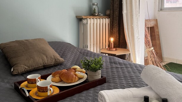 A neatly made bed with a tray of breakfast, a bedside table with a lamp, and a view of the outside. - HAN1913 (Cannes)