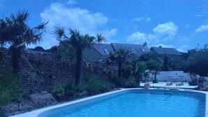 A rectangular swimming pool with a stone wall and palm trees.