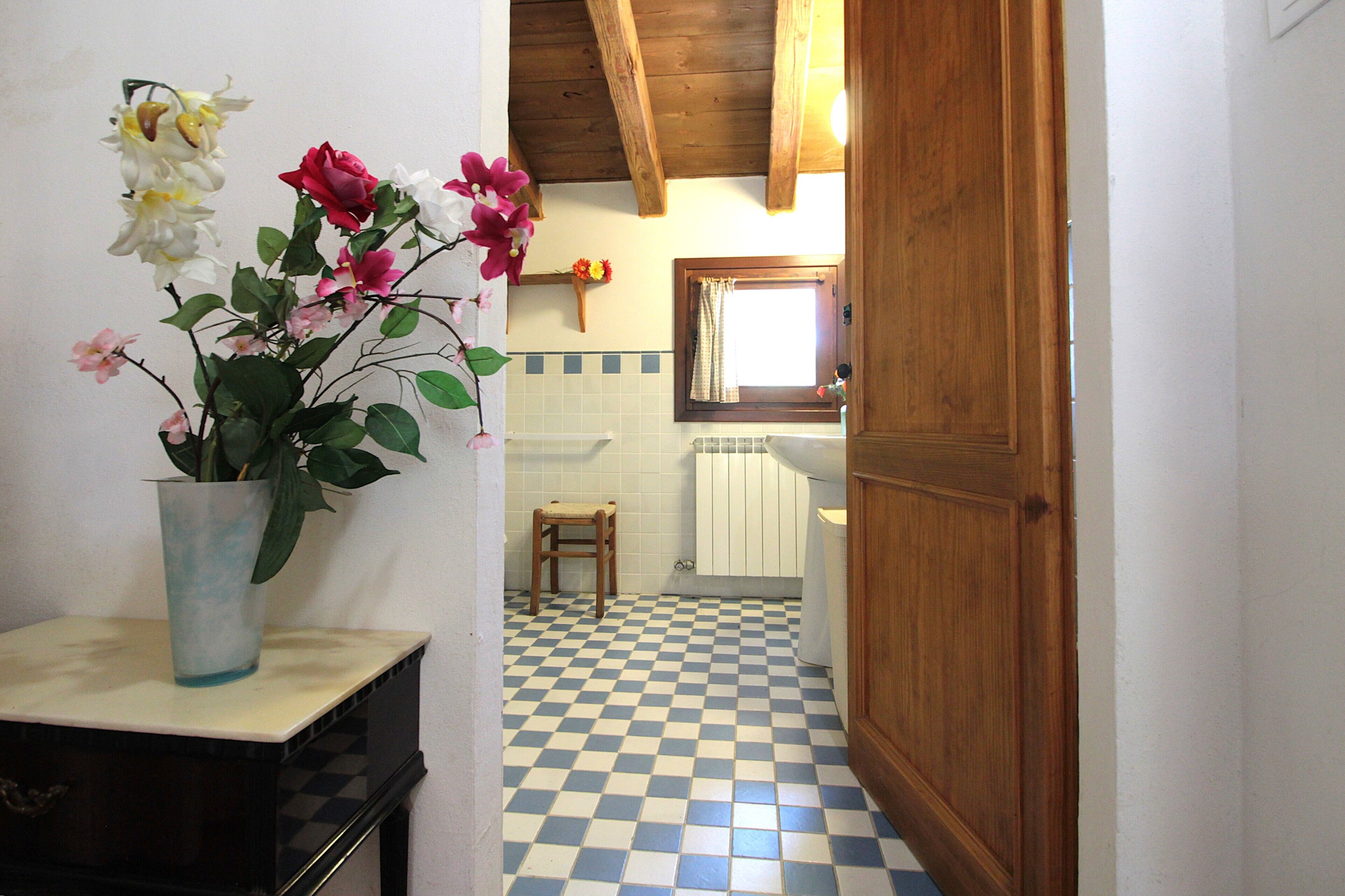 Une salle de bain avec un carrelage à motifs, une porte en bois, un petit tabouret et un vase de fleurs posé sur un comptoir.