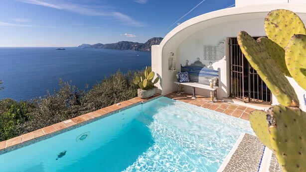 Una piscina con vistas despejadas al mar, un cactus y un edificio blanco con un balcón curvo.