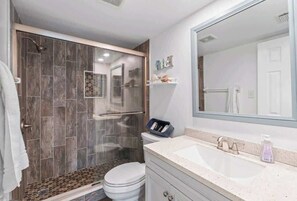 Shower, hair dryer, shampoo