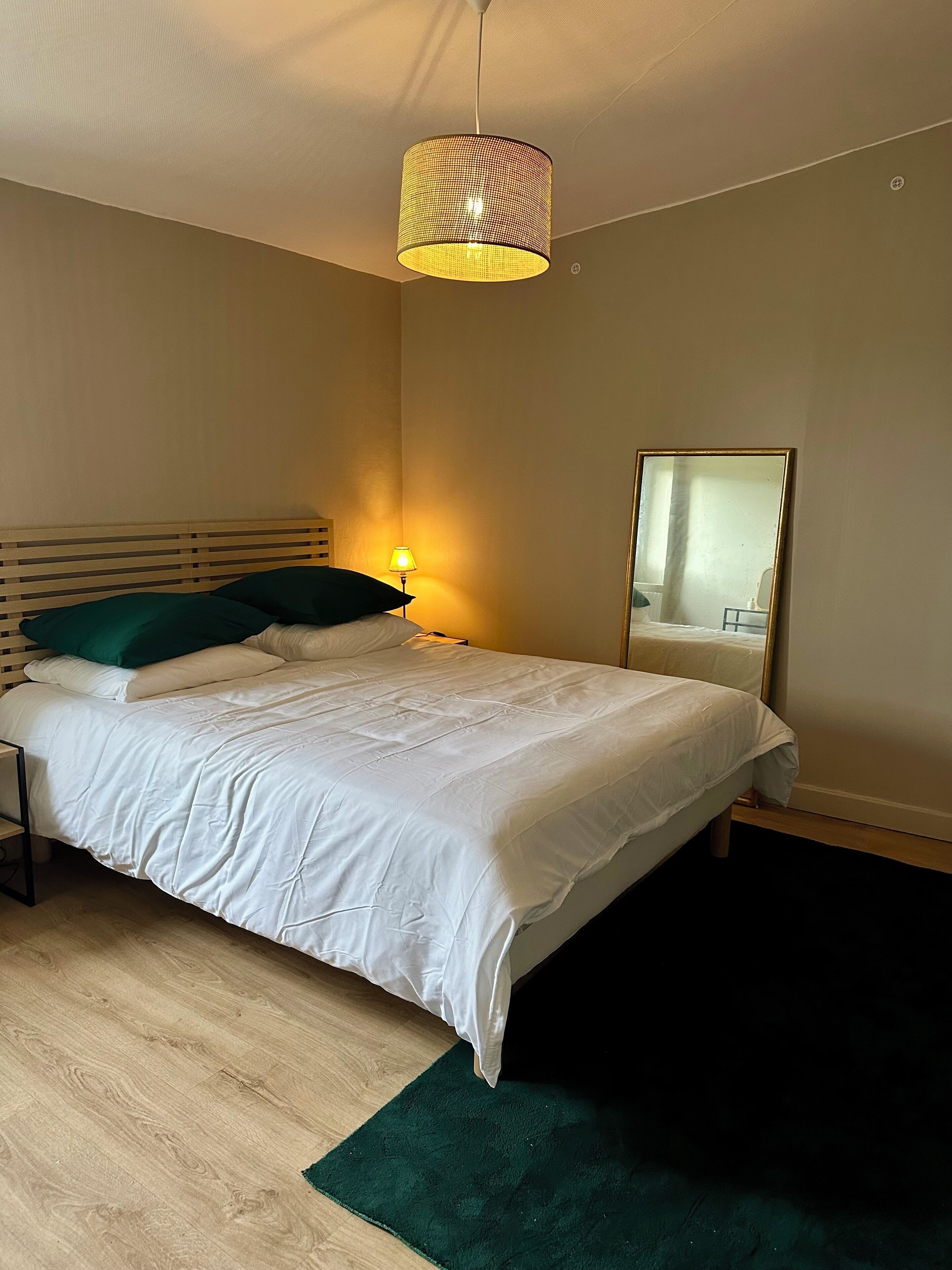 A bedroom with a bed, a bedside lamp, a mirror, and a hanging light fixture.