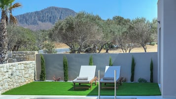 Outdoor pool, pool umbrellas, sun loungers