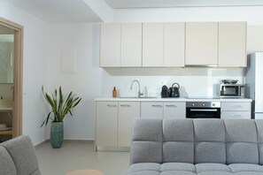 Full-sized fridge, microwave, oven, stovetop