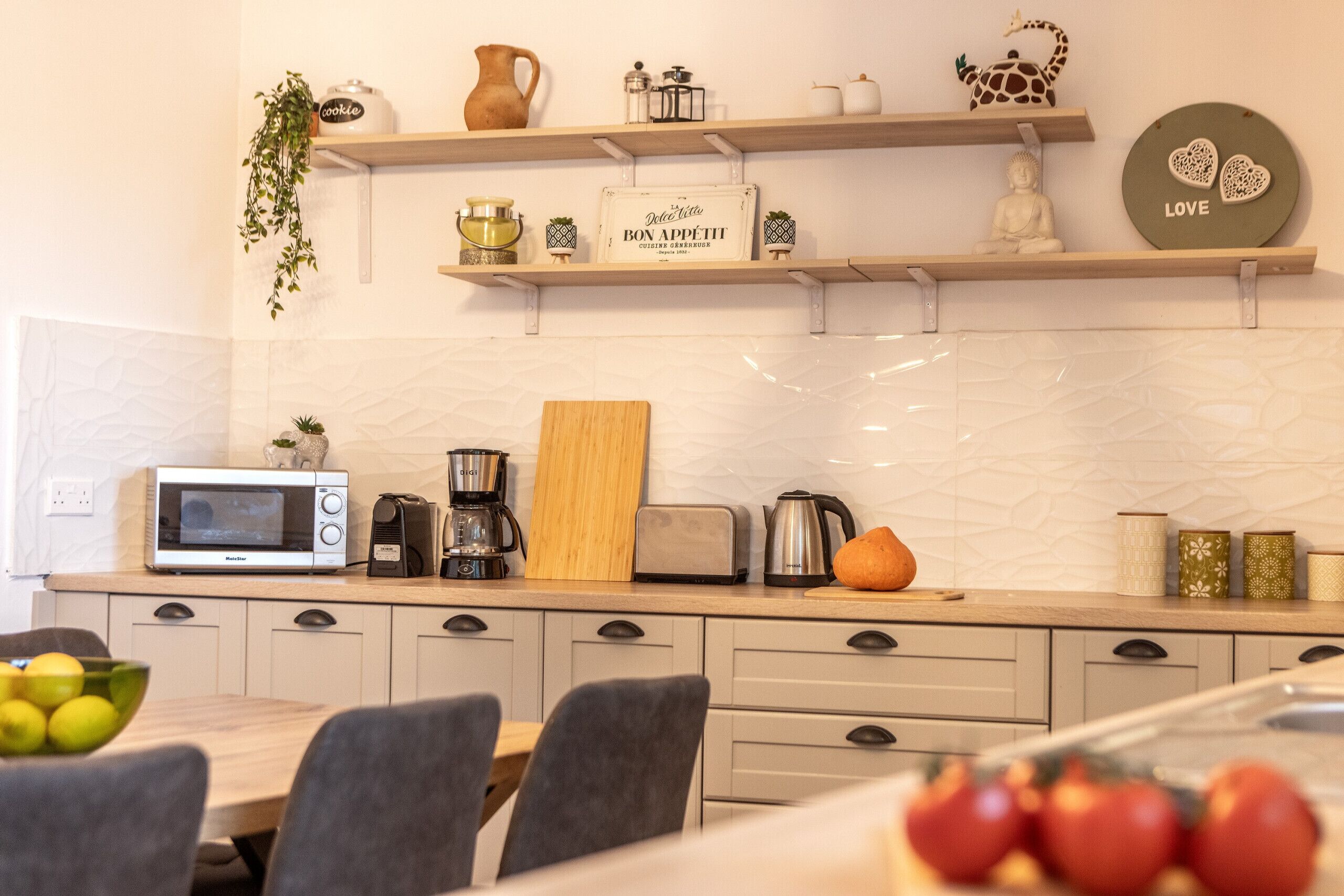 Microwave, coffee/tea maker, cookware/dishes/utensils