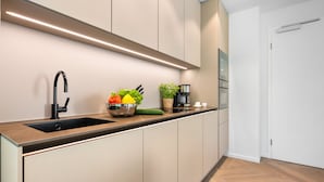 A modern kitchen with a built-in sink, stainless steel appliances, and a minimalist design. - Luxury apartment with balcony, free SPA use and gym (Sylt)