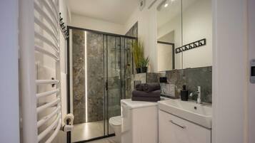Hair dryer, towels, soap, toilet paper