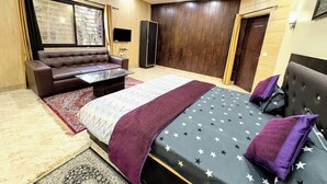 Une chambre à coucher avec un lit, un canapé, une télévision et une armoire.