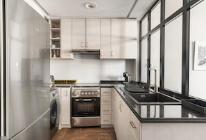 Fridge, microwave, oven, stovetop