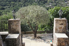 A stone bench with a tree in the center, surrounded by stone pillars with lanterns.