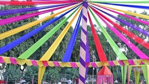 A tent with colorful drapes and a red tablecloth, set up outdoors with trees in the background. - Rang Vilas (Mathura)