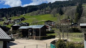 A residential area with houses, a clear sky, and a forested hill in the background.