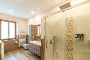 Un baño moderno con ducha envuelta en vidrio, inodoro y tocador con espejo.