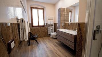 Shower, rainfall showerhead, hair dryer, slippers