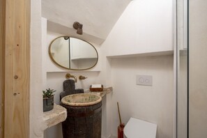 Shower, hair dryer, towels, toilet paper