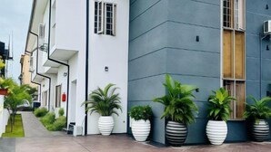 Un edificio moderno con fachada limpia y geométrica, plantas grandes en macetas y un camino pavimentado.