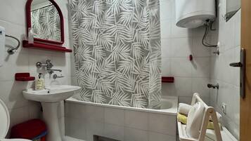 Hair dryer, towels, soap, toilet paper